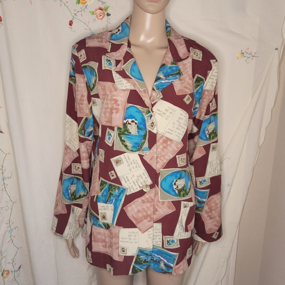 Maggie Sweet vintage retro button down light weight post card prin blazer. - Picture 11 of 12